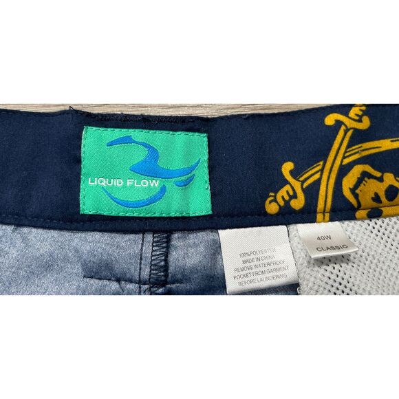Liquid Flow Printed Performance Swim Trunks Shorts Size 40 Navy Skull & Swords - Picture 3 of 8
